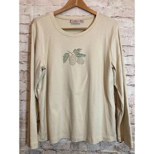 Quacker Factory Top Womens Large Cream Christmas Pinecone Sequin Print Stretch